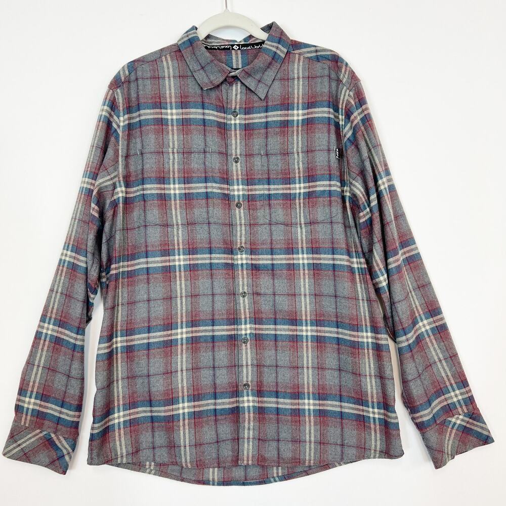 Kavu Plaid Flannel Button Down Shirt Men's XL Long Sleeves Gray & Red